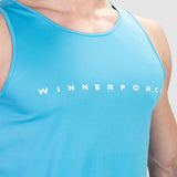 close up view for man wearing tank royal blue with logo 