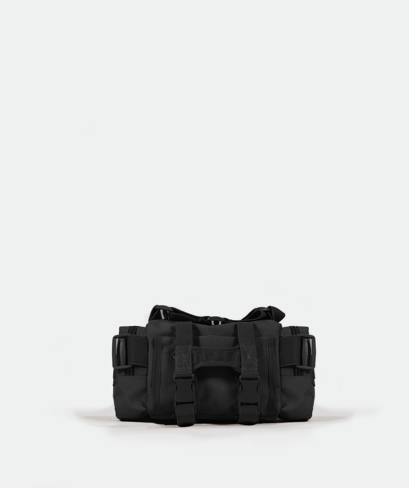 a back view for  black duffel bag with multiple zippered compartments and an adjustable shoulder strap