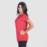 a fit woman stand at right and wearing t-shirt red with logo and legging black