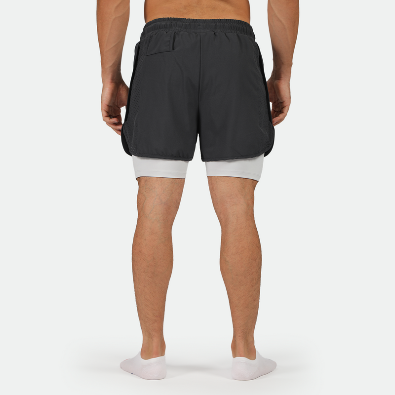 a back view for man wearing short 2 in 1 with socks 