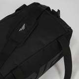A sleek black duffel bag with two sturdy handles and a subtle embossed logo. Set against a light background, the bag exudes a modern, minimalist vibe.