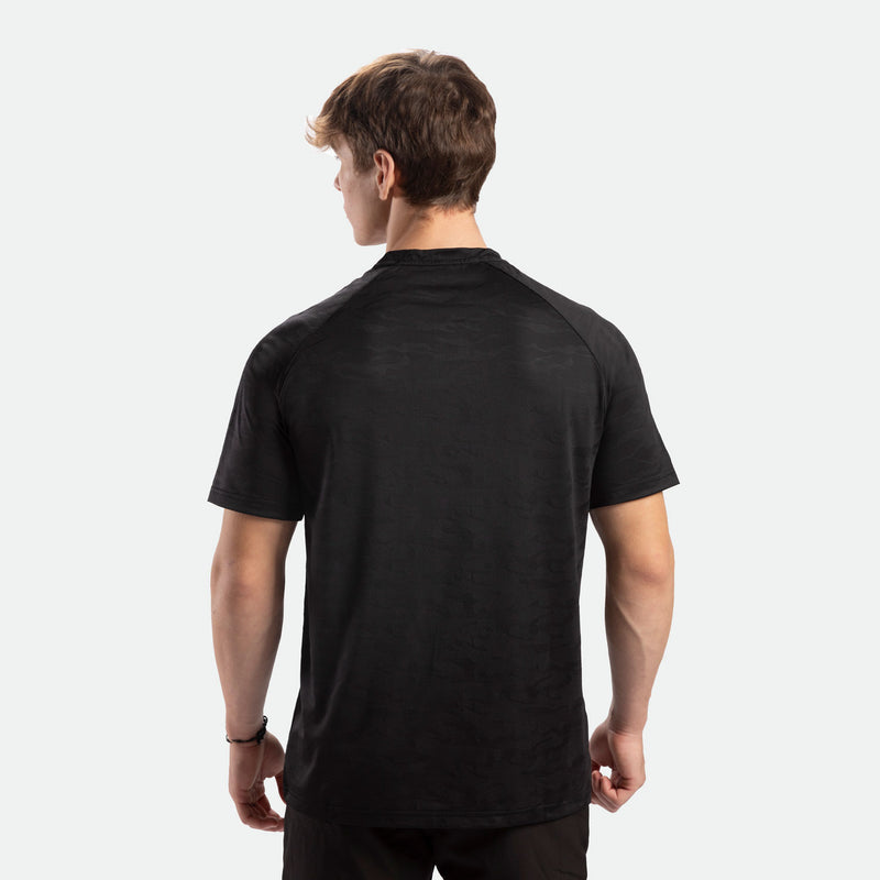 a back view for camo t-shirt black with pants 