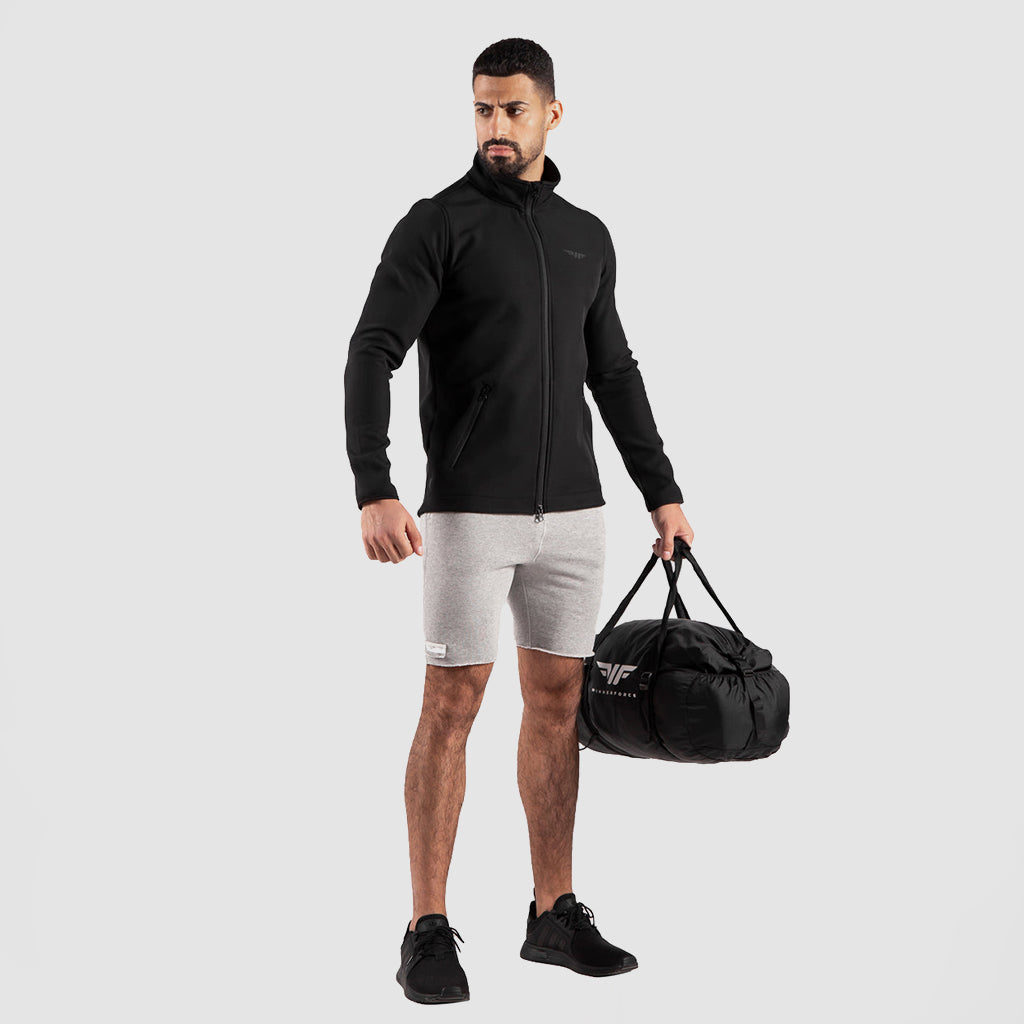 a fit man wearing jacket black with short grey ,plus bag and shoes 