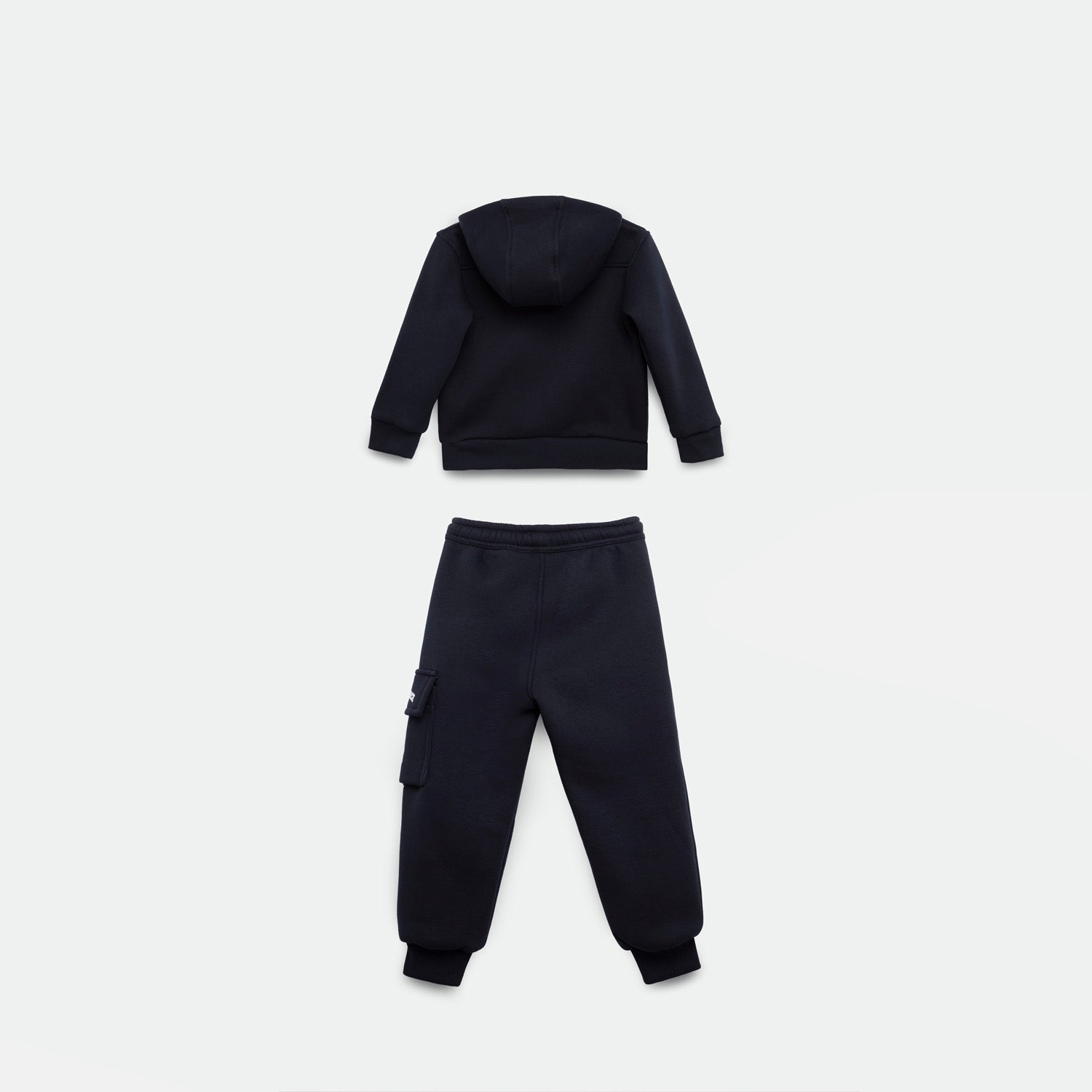 a back view for hoodie and jogger pant navy blue with  background light grey 