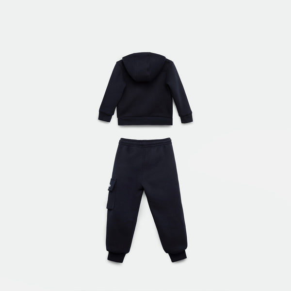a back view for hoodie and jogger pant navy blue with  background light grey 
