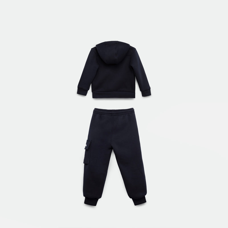 a back view for hoodie and jogger pant navy blue with  background light grey 