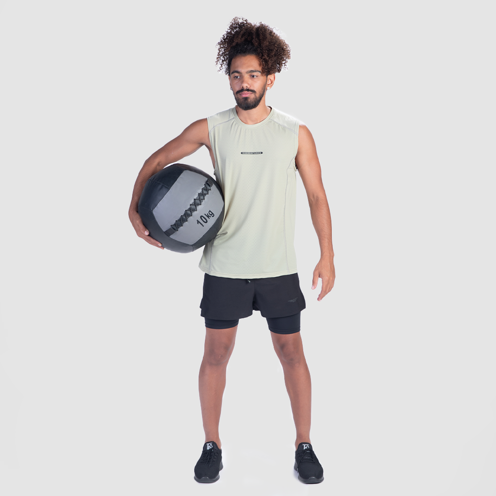 a fit with pose  sports ,he wearing short black  2 in 1 ,plus the shoes black 