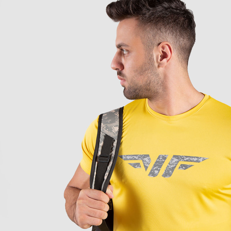 close up view for fit man wearing t-shirt yellow with logo 
