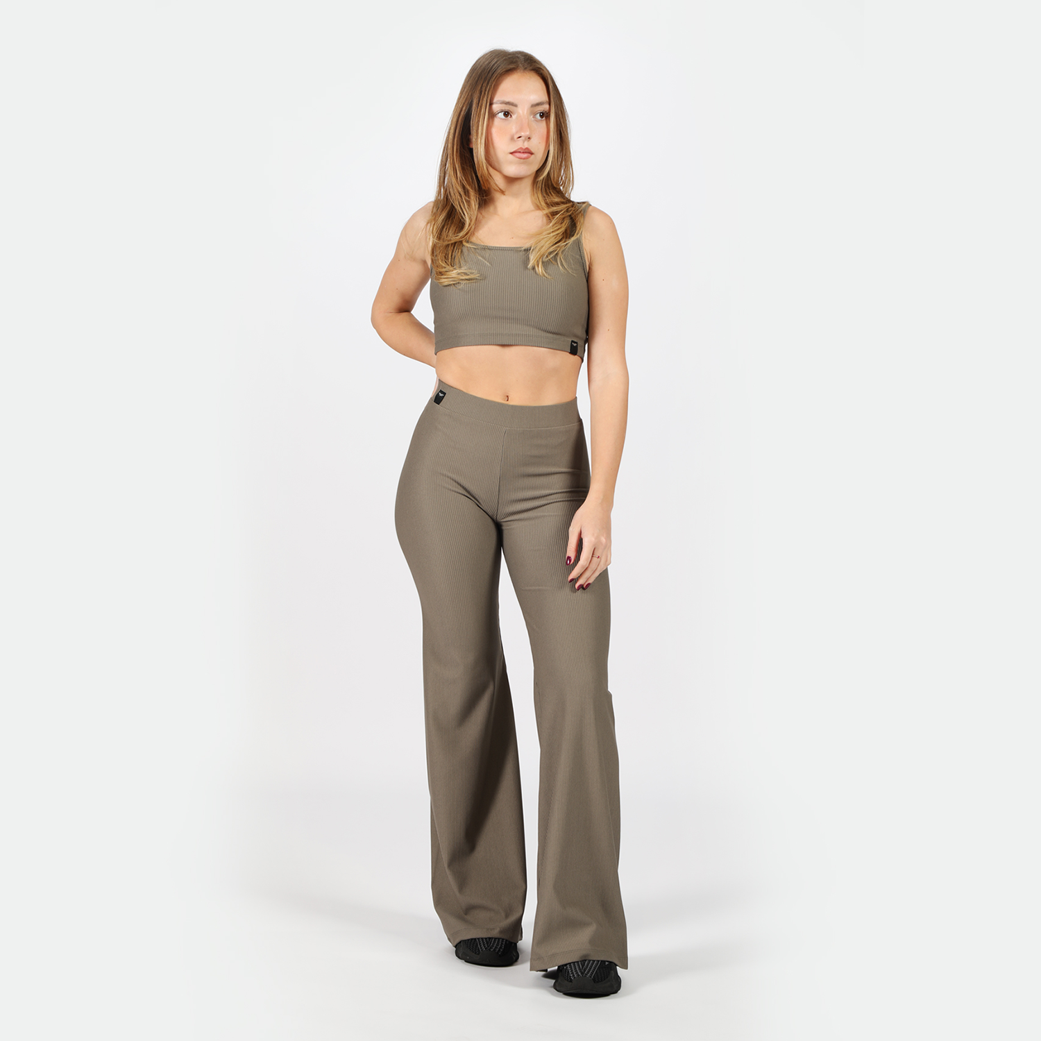 WOMEN-GO BEYOND RIBBED FLARE  PANTS (OLIVE-GREY)