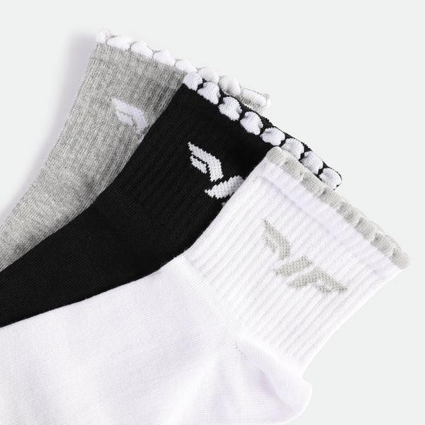 WOMEN-SCALLOP-QUARTER-SOCKS (BLACK,GREY,WHITE)