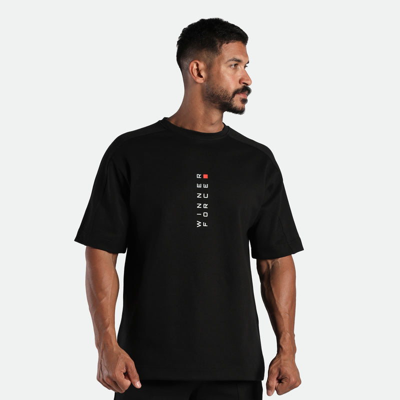 a fit man wearing t-shirt black with logo 