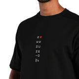 close up view for fit man wearing t-shirt black with logo 