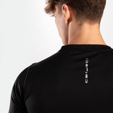 A close-up of the word FORCE written on a t-shirt of color black.