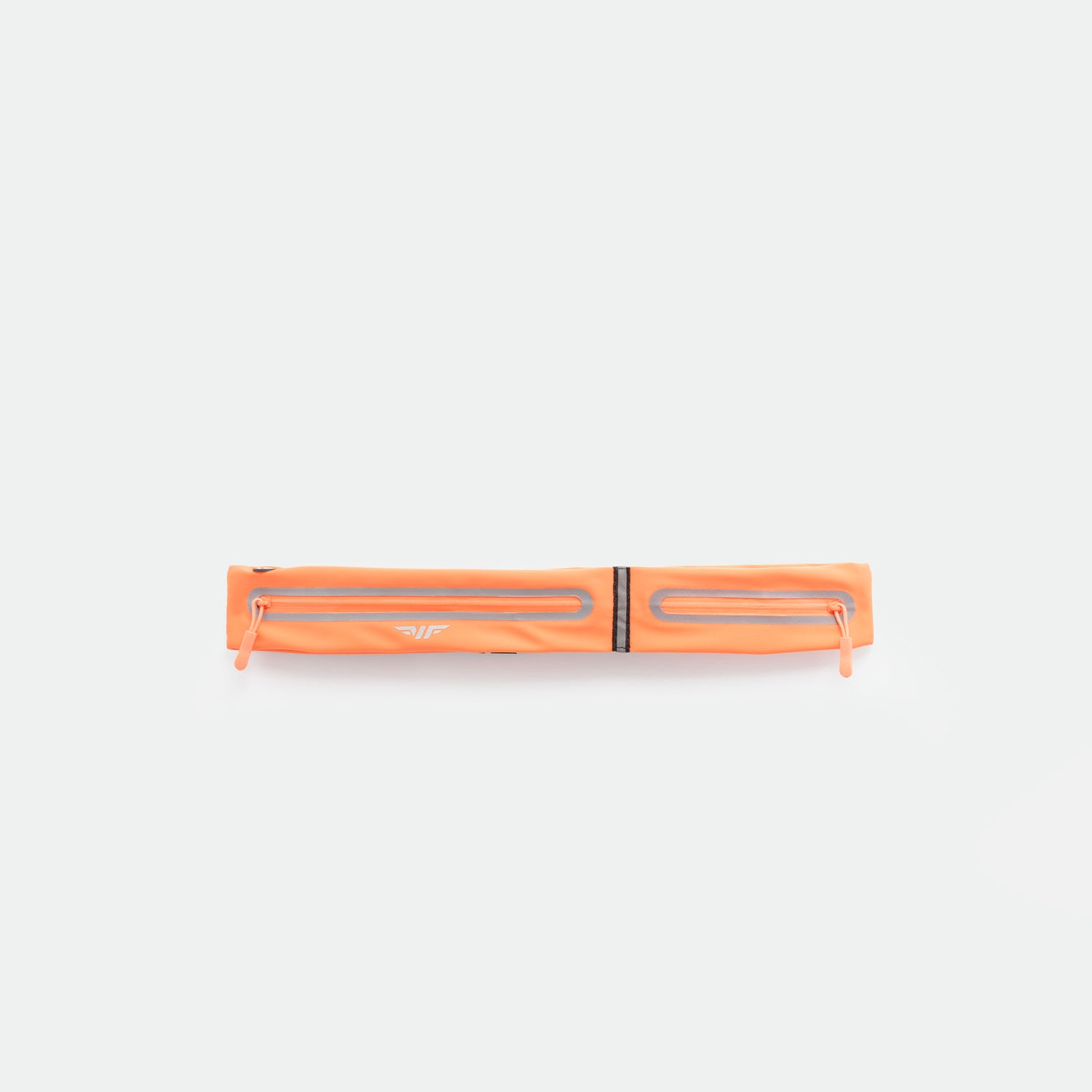 A coral  rose , rectangular zippered pouch with two parallel reflective strips and zipper pulls, displayed against a plain white background