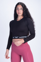 WOMEN OLENNA LONG SLEEVE CROP TOP(BLACK)