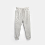 Light gray jogger  with an elastic waistband and cuffs, featuring side pockets. They are laid flat on a plain white background.