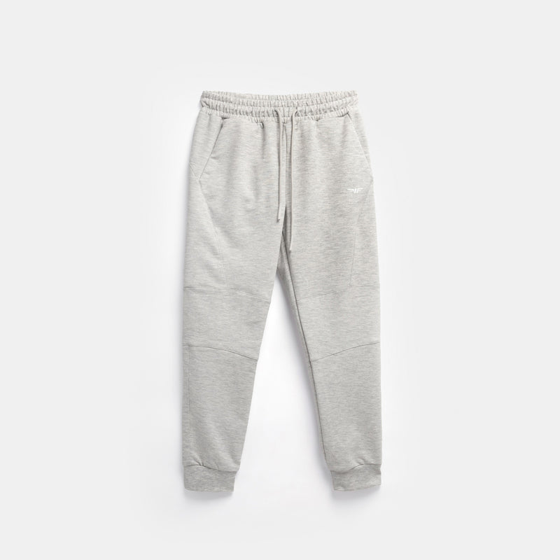 Light gray jogger  with an elastic waistband and cuffs, featuring side pockets. They are laid flat on a plain white background.