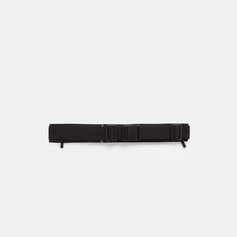 A black utility belt with an adjustable buckle and two side straps, displayed on a plain white background.