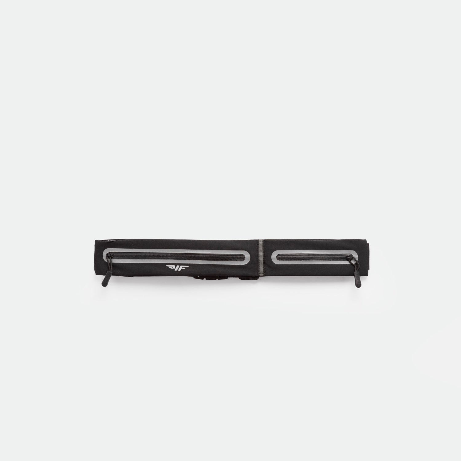 A black, rectangular zippered pouch with two parallel reflective strips and zipper pulls, displayed against a plain white background
