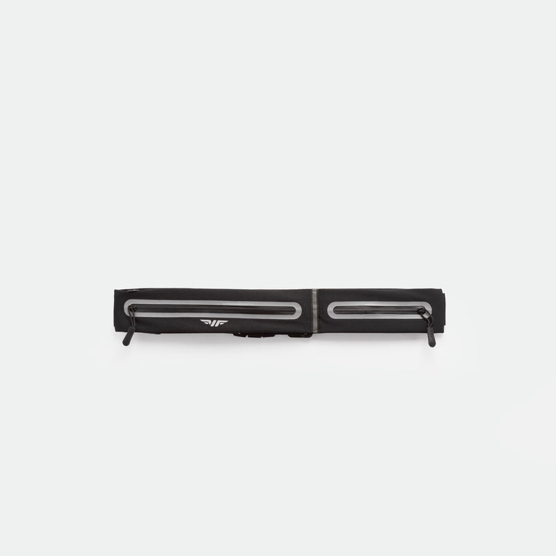 A black, rectangular zippered pouch with two parallel reflective strips and zipper pulls, displayed against a plain white background