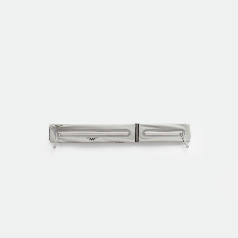 A PIGEON-GREY, rectangular zippered pouch with two parallel reflective strips and zipper pulls, displayed against a plain white background
