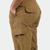 close up view for fit man wearing Breen brown pants 