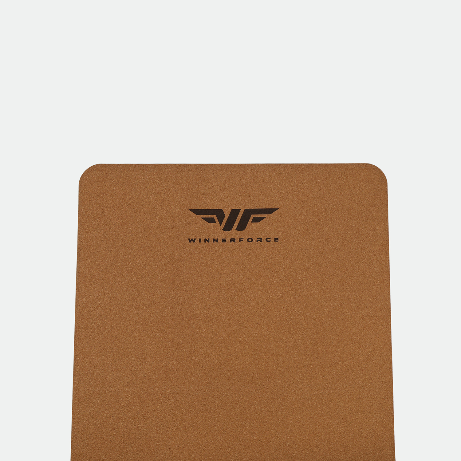 Brown rectangular cork mouse pad with rounded corners, featuring the black "WINNERFORCE" logo at the top center. The tone is professional and sleek
