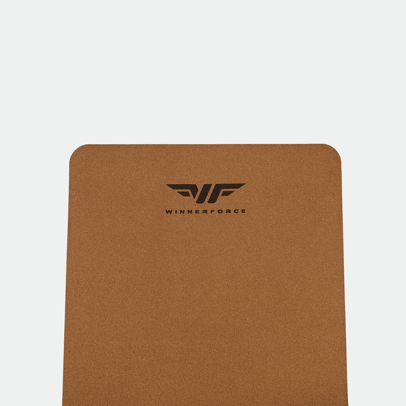 Brown rectangular cork mouse pad with rounded corners, featuring the black "WINNERFORCE" logo at the top center. The tone is professional and sleek