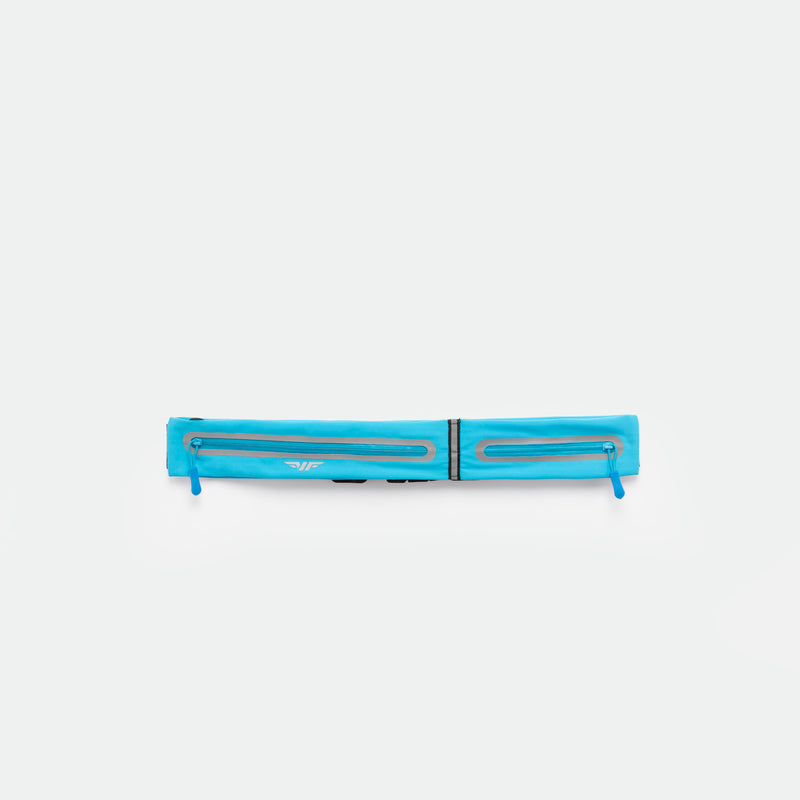 A DRESDEN-BLUE, rectangular zippered pouch with two parallel reflective strips and zipper pulls, displayed against a plain white background