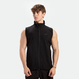 a fit man wearing zip vest black with pants black 