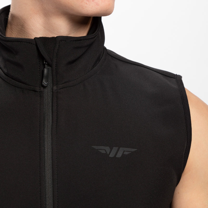 close up view for fit man wearing zip vest black with logo 