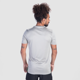 a back view for fit man wearing t-shirt grey with short black 