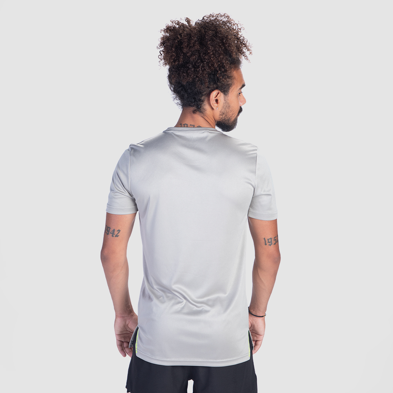 a back view for fit man wearing t-shirt grey with short black 