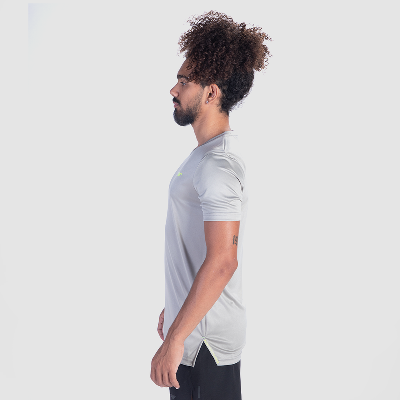 a fit man stand at right and wearing t-shirt grey with short black  