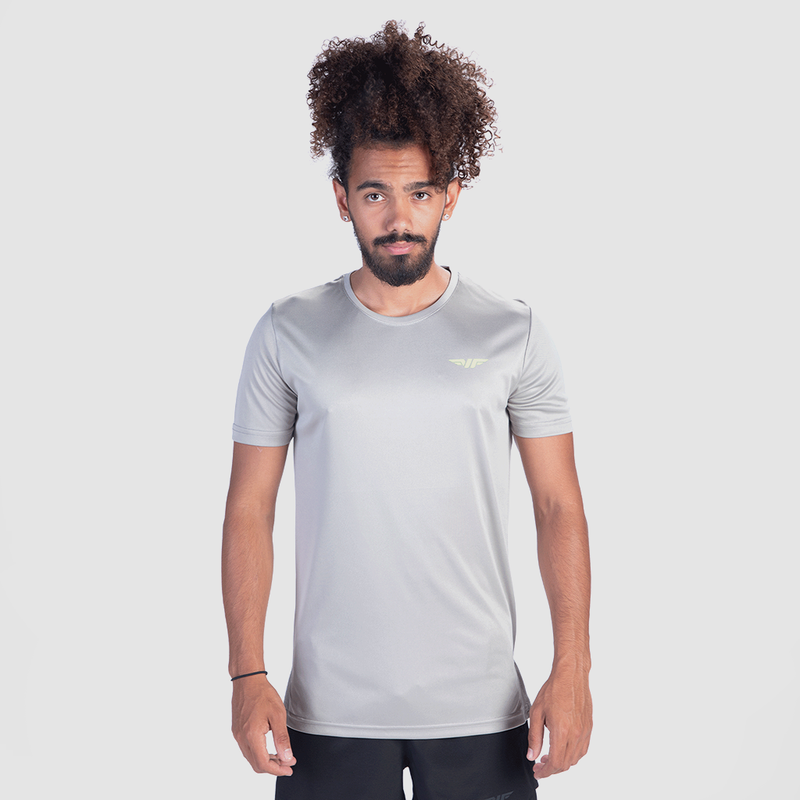 a fit man wearing t-shirt grey with short  black 