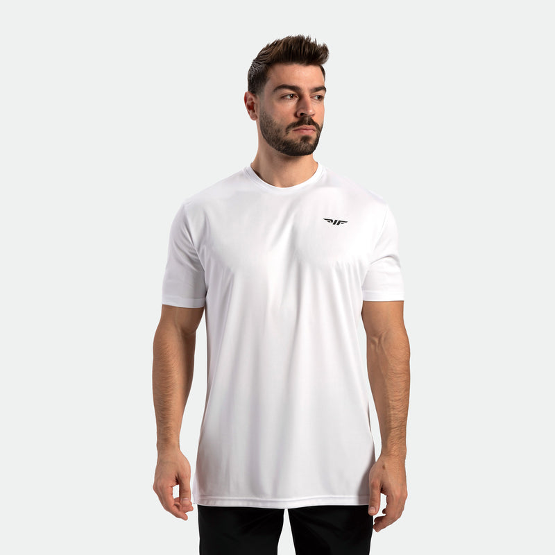 a fit man wearing t-shirt white with logo  and pants black 