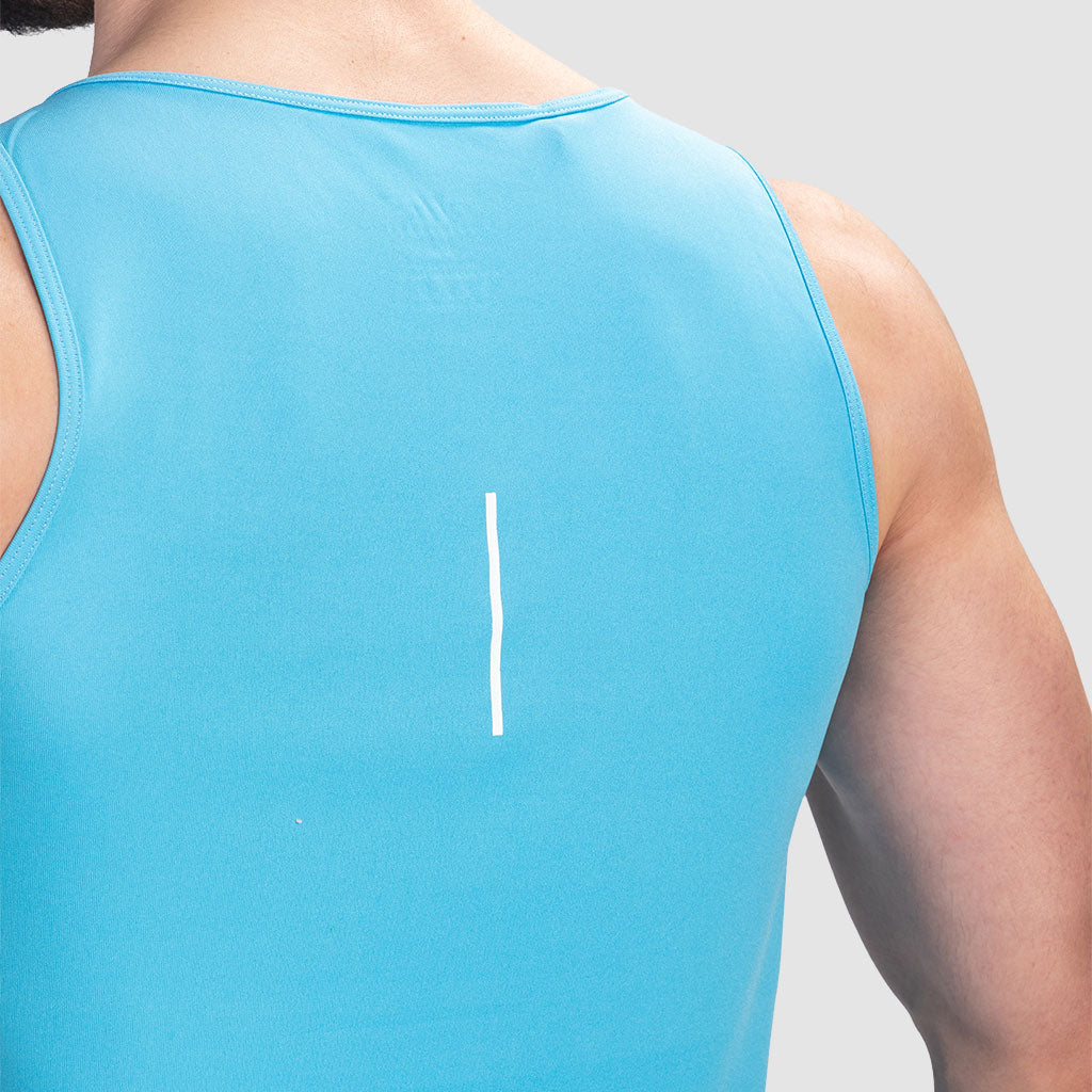 close up view for back view of man wearing tank royal blue 