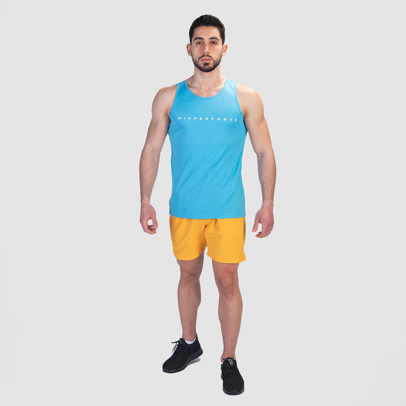 a fit man wearing tank royal blue with short yellow ,plus shoes black 