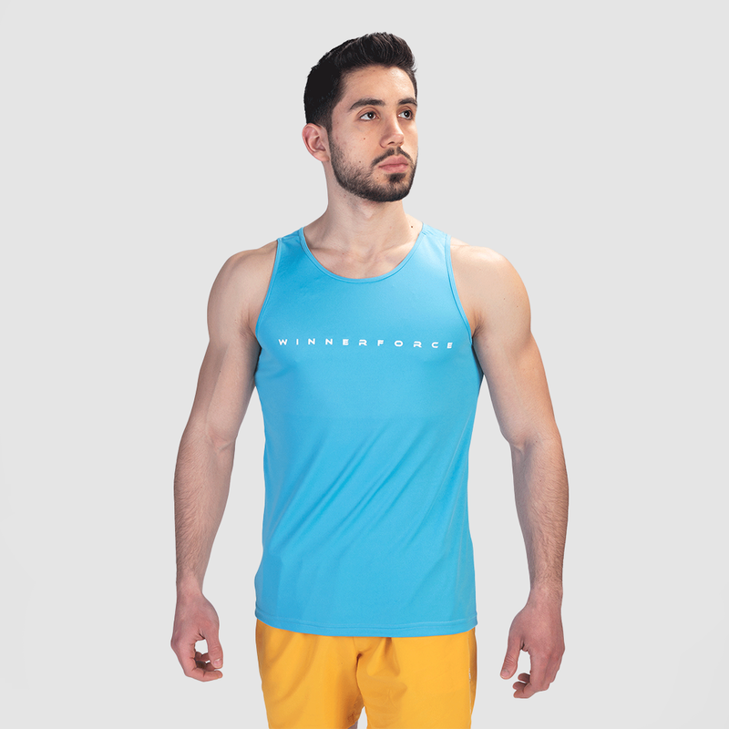 a fit man wearing tank royal blue with logo and short yellow 