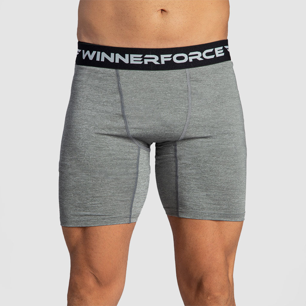 a fit man wearing short steel grey 