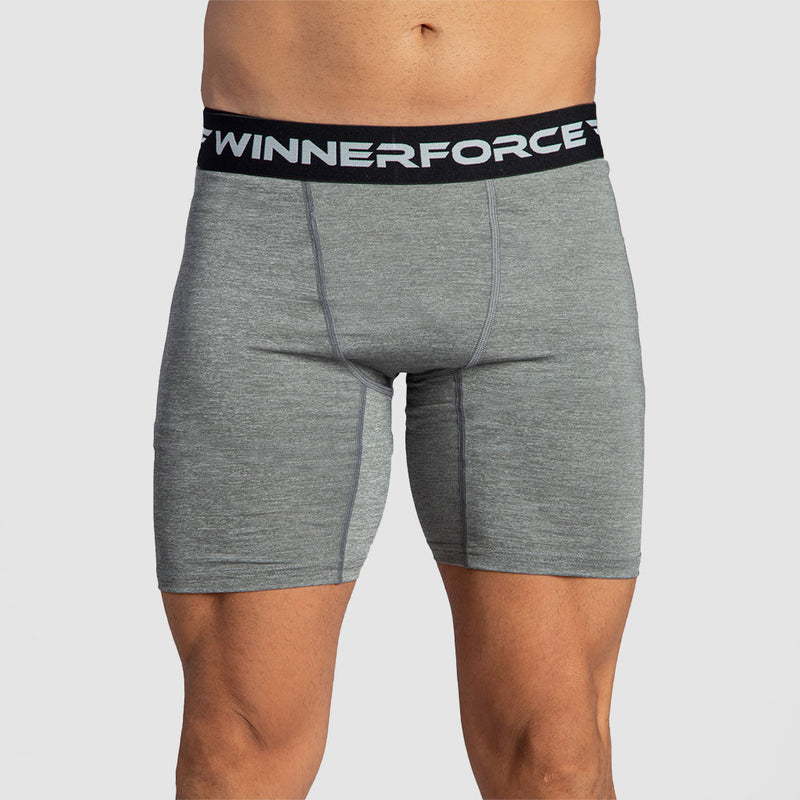 a fit man wearing short steel grey 