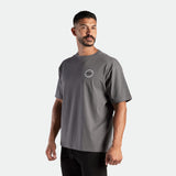 close up view for it man wearing t-shirt dark grey with logo plus the short  black 