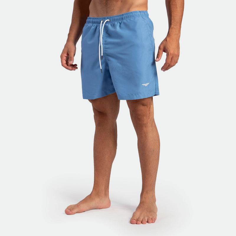 close up view for fit man wearing short  marina blue 