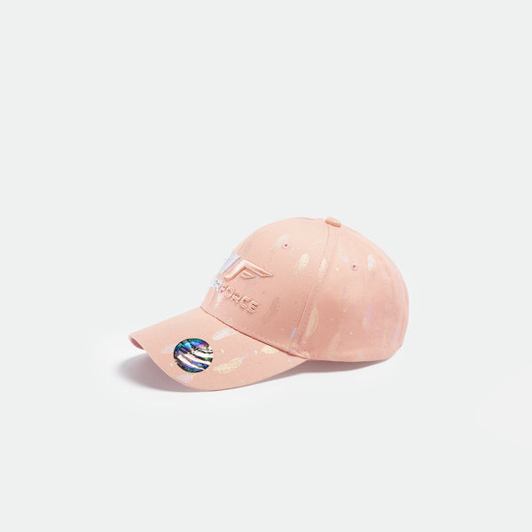 Peach baseball cap with "WINNER FORCE" logo, shiny splatter pattern, and a holographic sticker on the brim, giving it a stylish, original look.