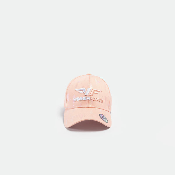Light peach baseball cap with "WINNER FORCE" logo, wing design, white splatter pattern, and a sticker on the brim, suggesting it’s new or original