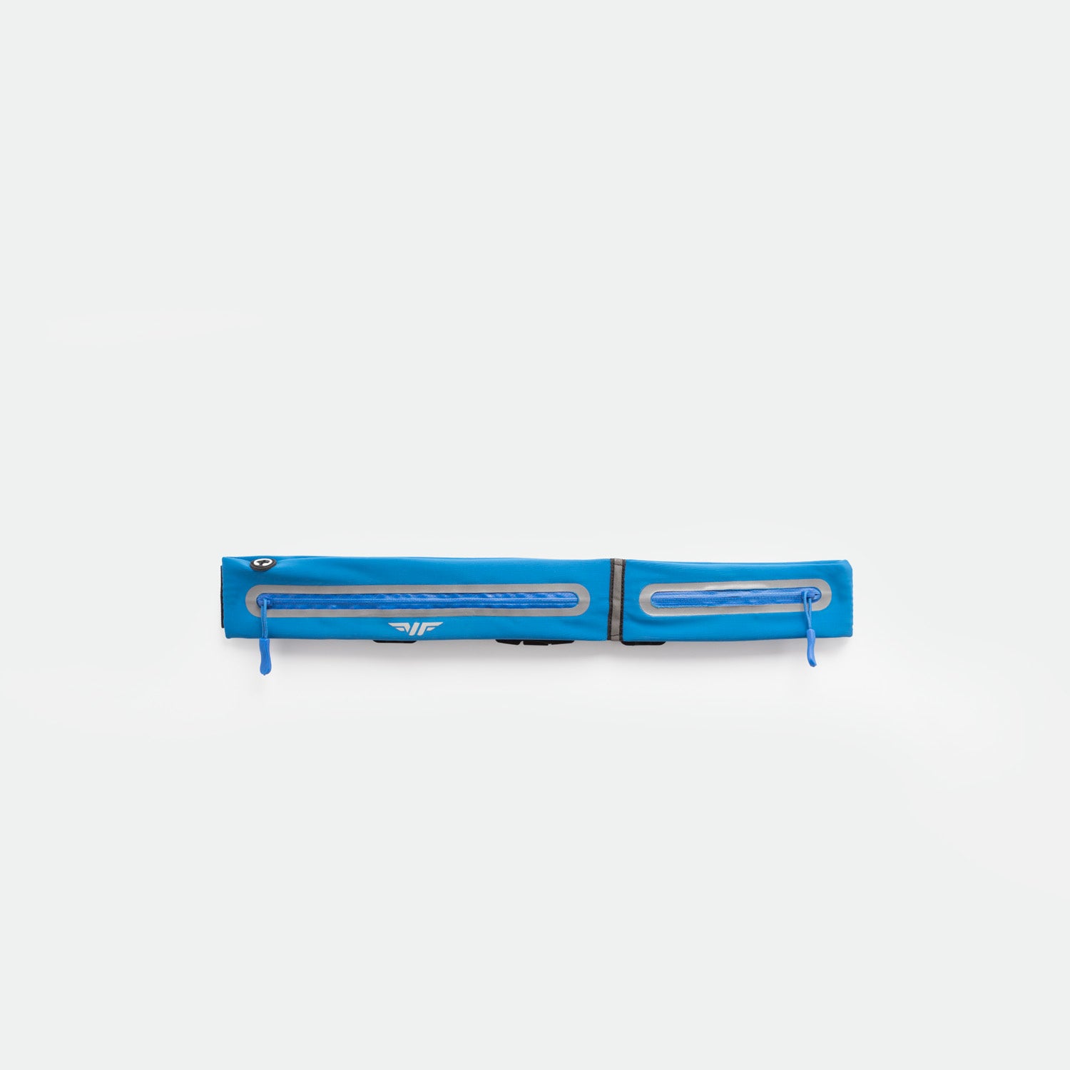 A  PRINCESS-BLUE , rectangular zippered pouch with two parallel reflective strips and zipper pulls, displayed against a plain white background