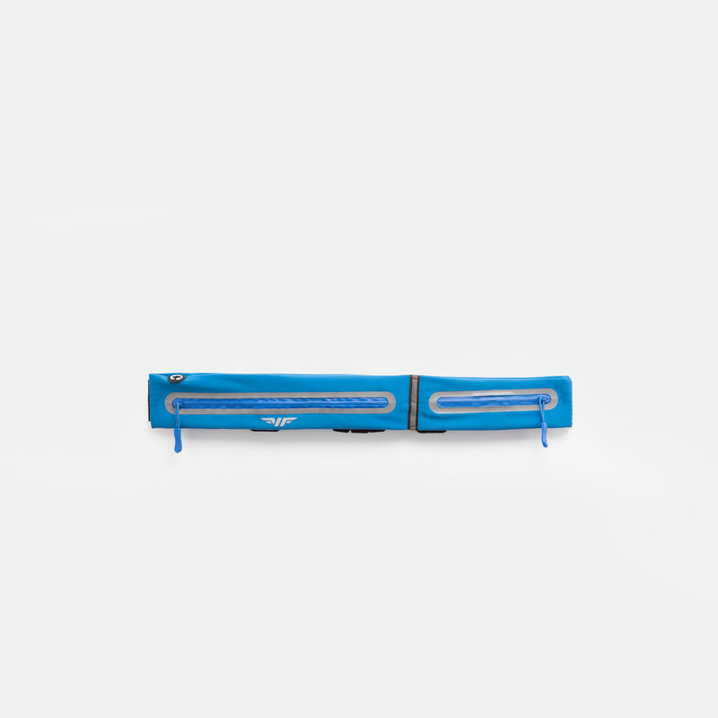 A  PRINCESS-BLUE , rectangular zippered pouch with two parallel reflective strips and zipper pulls, displayed against a plain white background