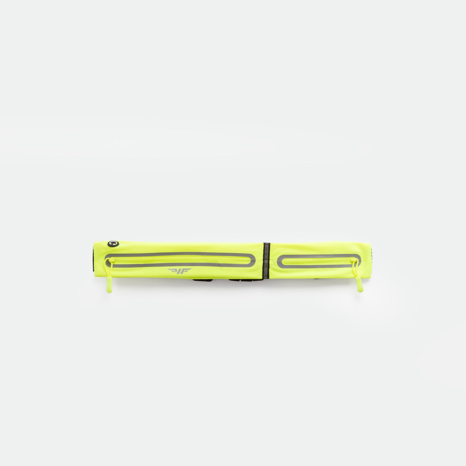 A SAFETY-YELLOW, rectangular zippered pouch with two parallel reflective strips and zipper pulls, displayed against a plain white background