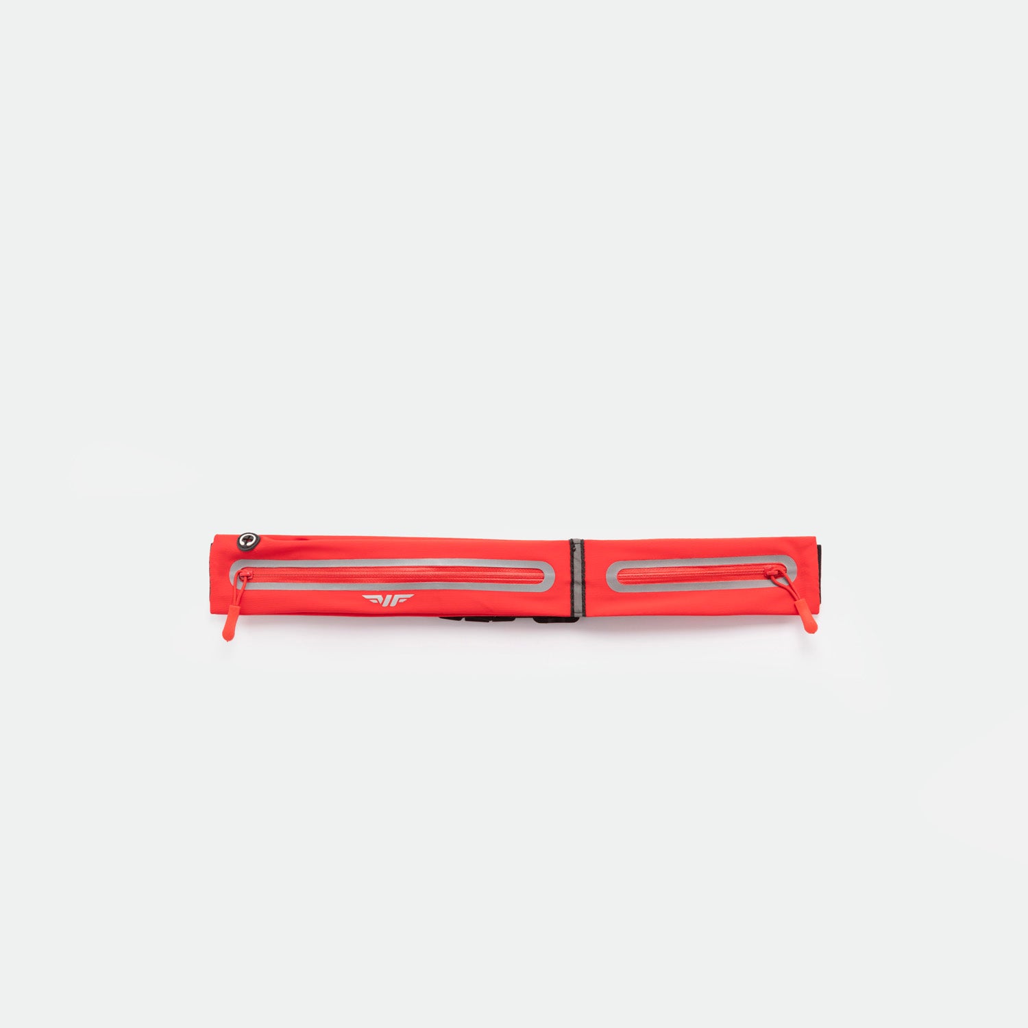A TOMATO-RED, rectangular zippered pouch with two parallel reflective strips and zipper pulls, displayed against a plain white background