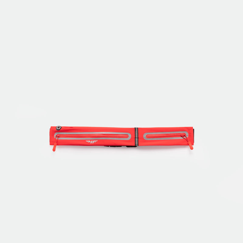 A TOMATO-RED, rectangular zippered pouch with two parallel reflective strips and zipper pulls, displayed against a plain white background